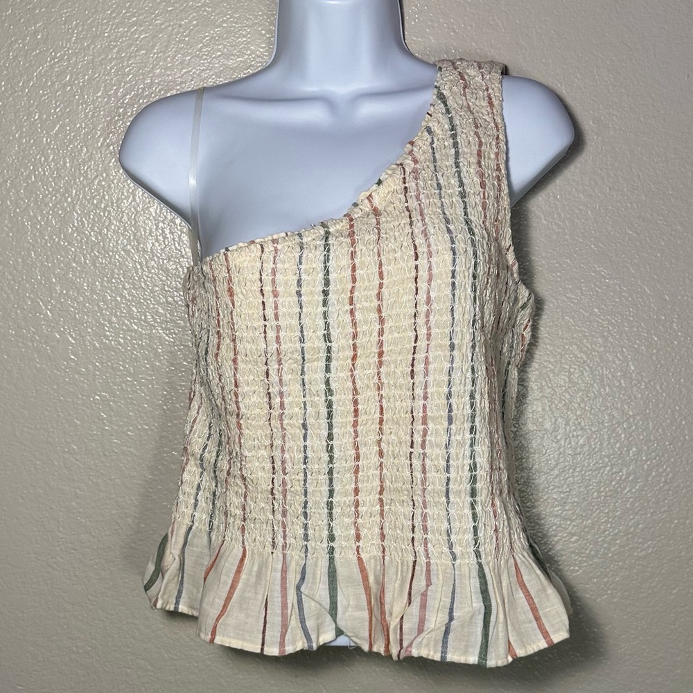 AEO Single Shoulder Smocked Ruffle Peplum Top in Cream Linen Blend
